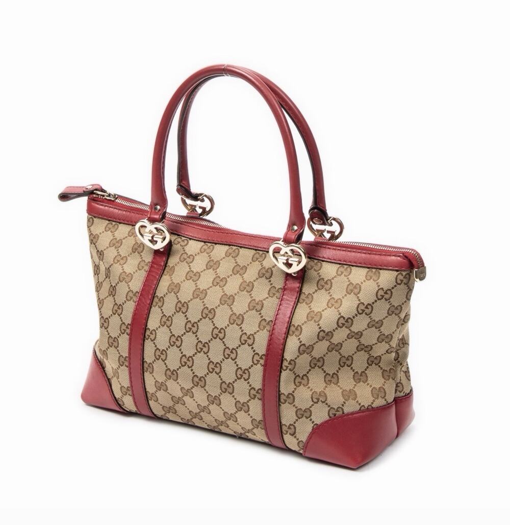 Gucci GG Lovely Tote Beige Canvas Red Leather Trim Gold Heart (Model 257069)
